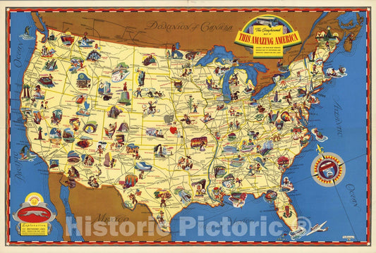 Historic Map : Greyhound Bus Lines Map of This Amazing America. Natural and Man-Made Wonders, 1941 - Vintage Wall Art