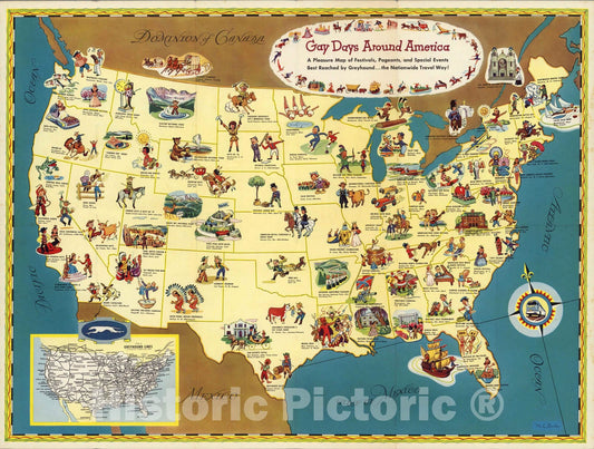 Historic Map : Gay Days Around America. Map of Festivals, Pageants, and Special Events Reached by Greyhound, 1949 - Vintage Wall Art
