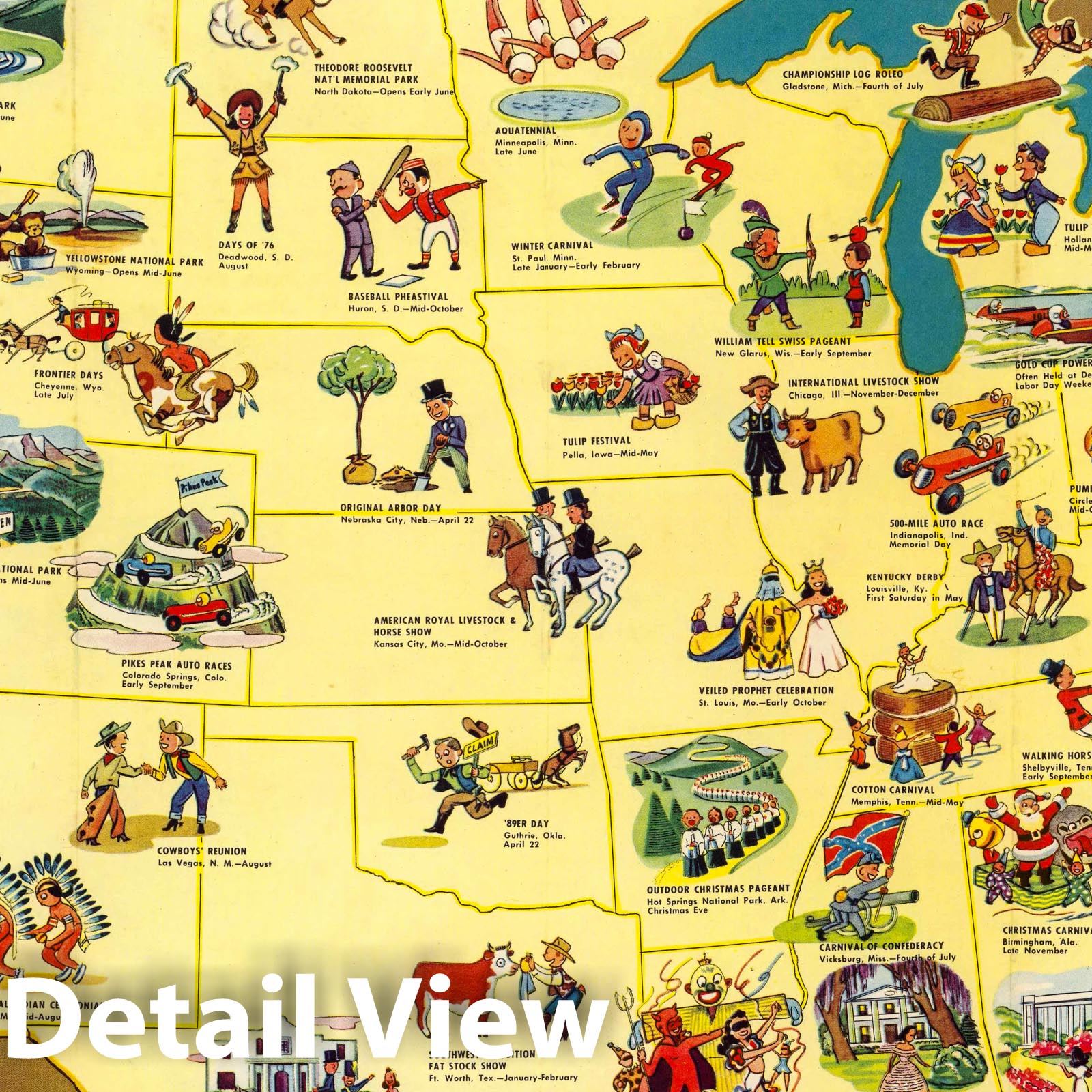 United States - Pictorial Map, 1949 - Festivals & Events Historical Print