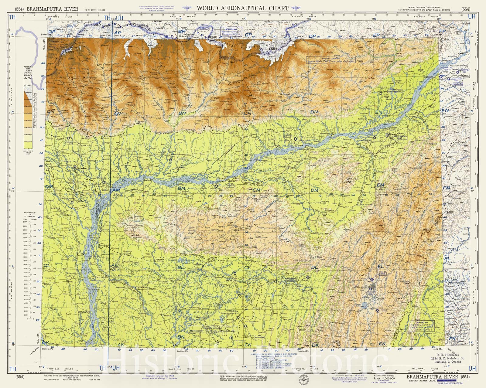Historic Map : World Aeronautical Chart. Brahmaputra River, 1954 - Vintage Wall Art