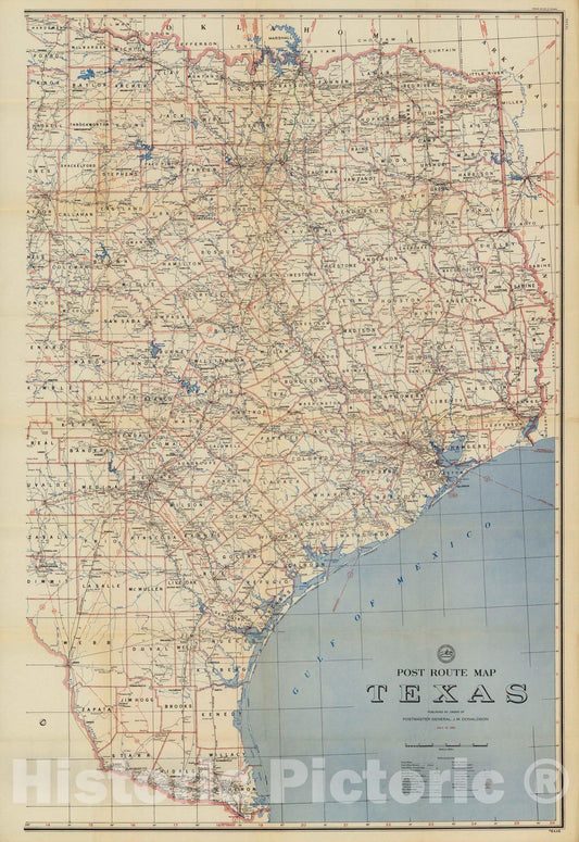 Historic Map : Post Route Map of the State of Texas July 15, 1950. (Eastern Division.) - Vintage Wall Art