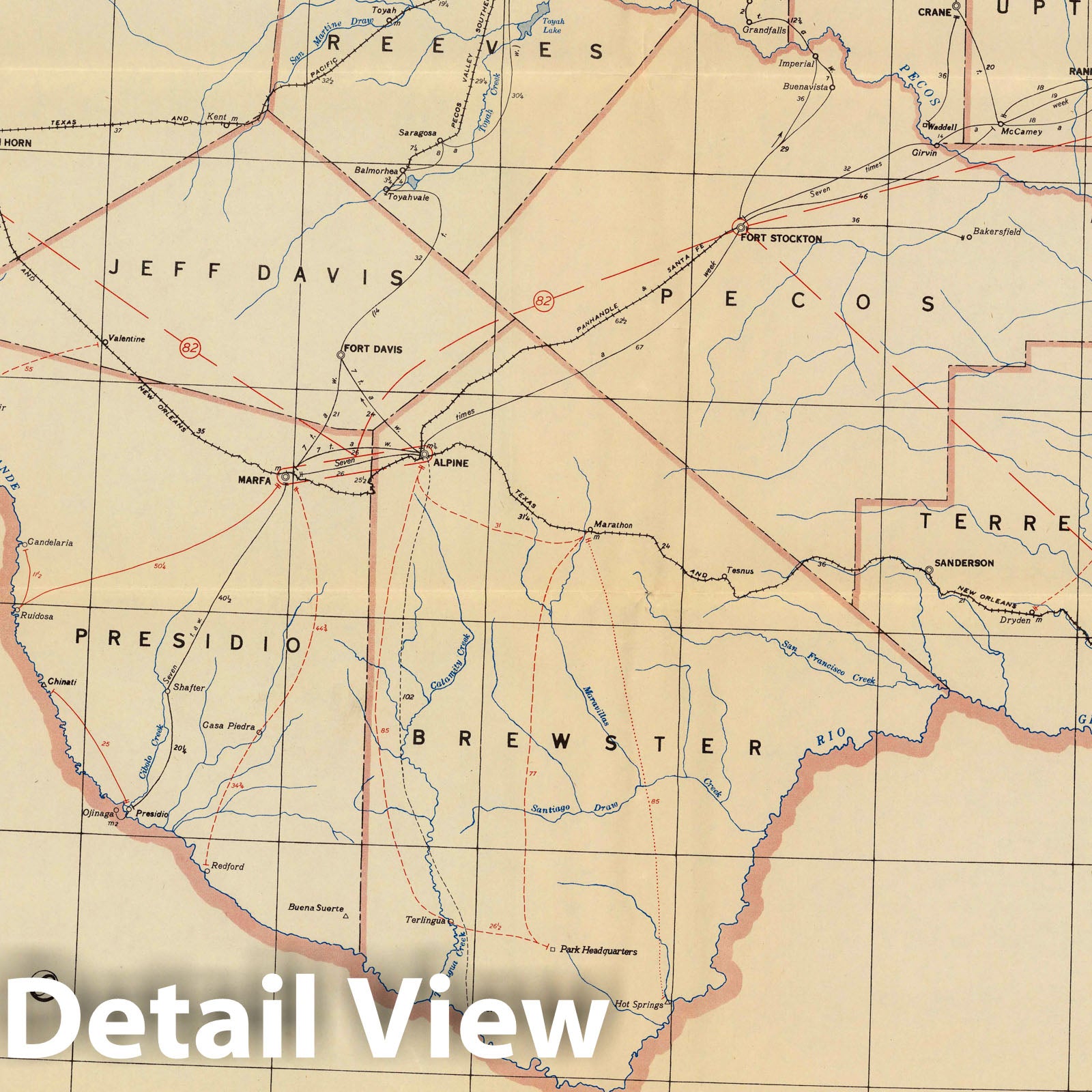 Texas, Western Division - Post Route Map, 1950 - Historical Map Print