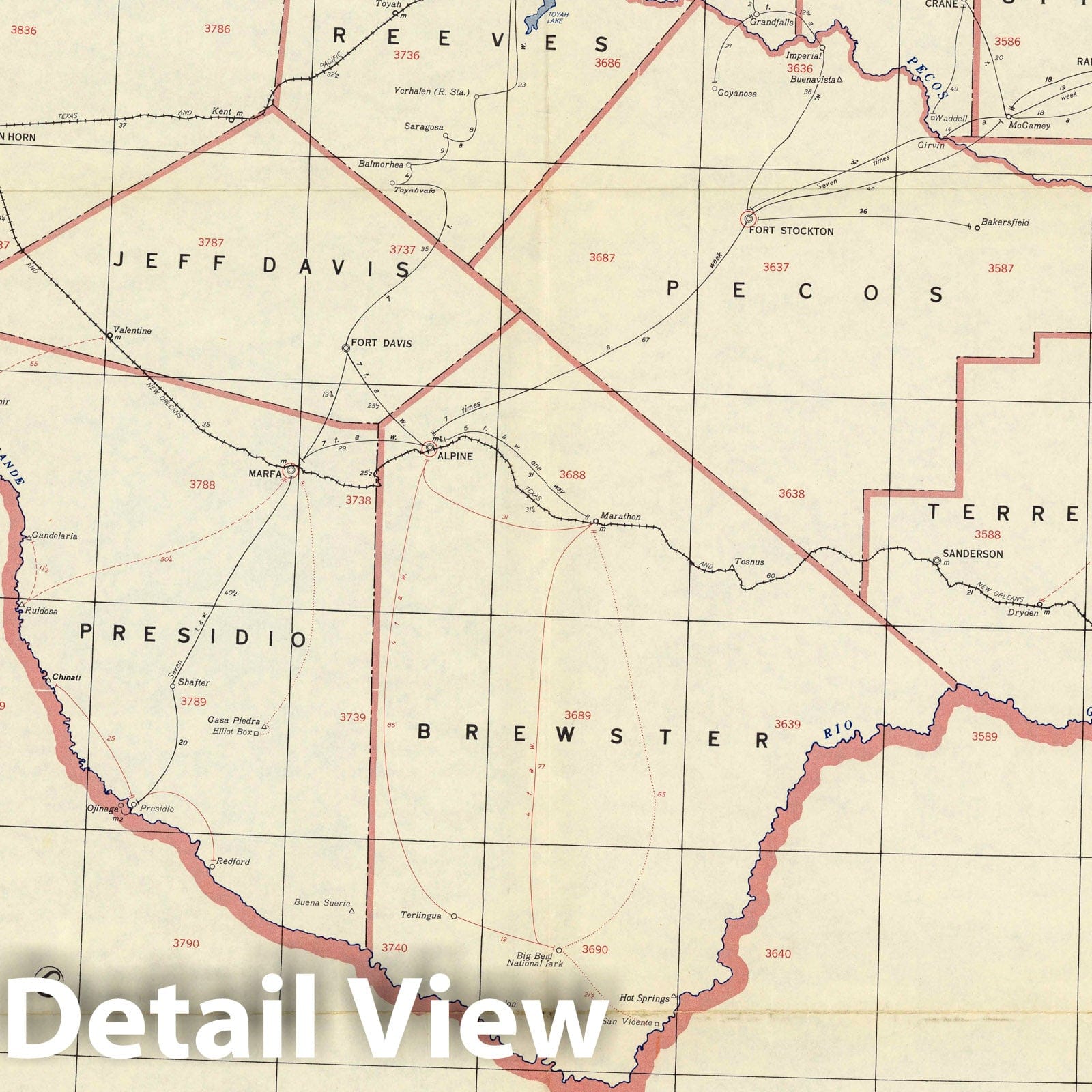 Post Route Map of Texas Western Division 1958 - Postal Map Print