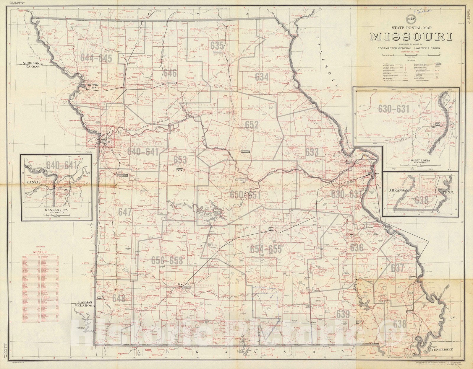 Historic Map : State Postal Map Missouri October 30, 1964. - Vintage Wall Art