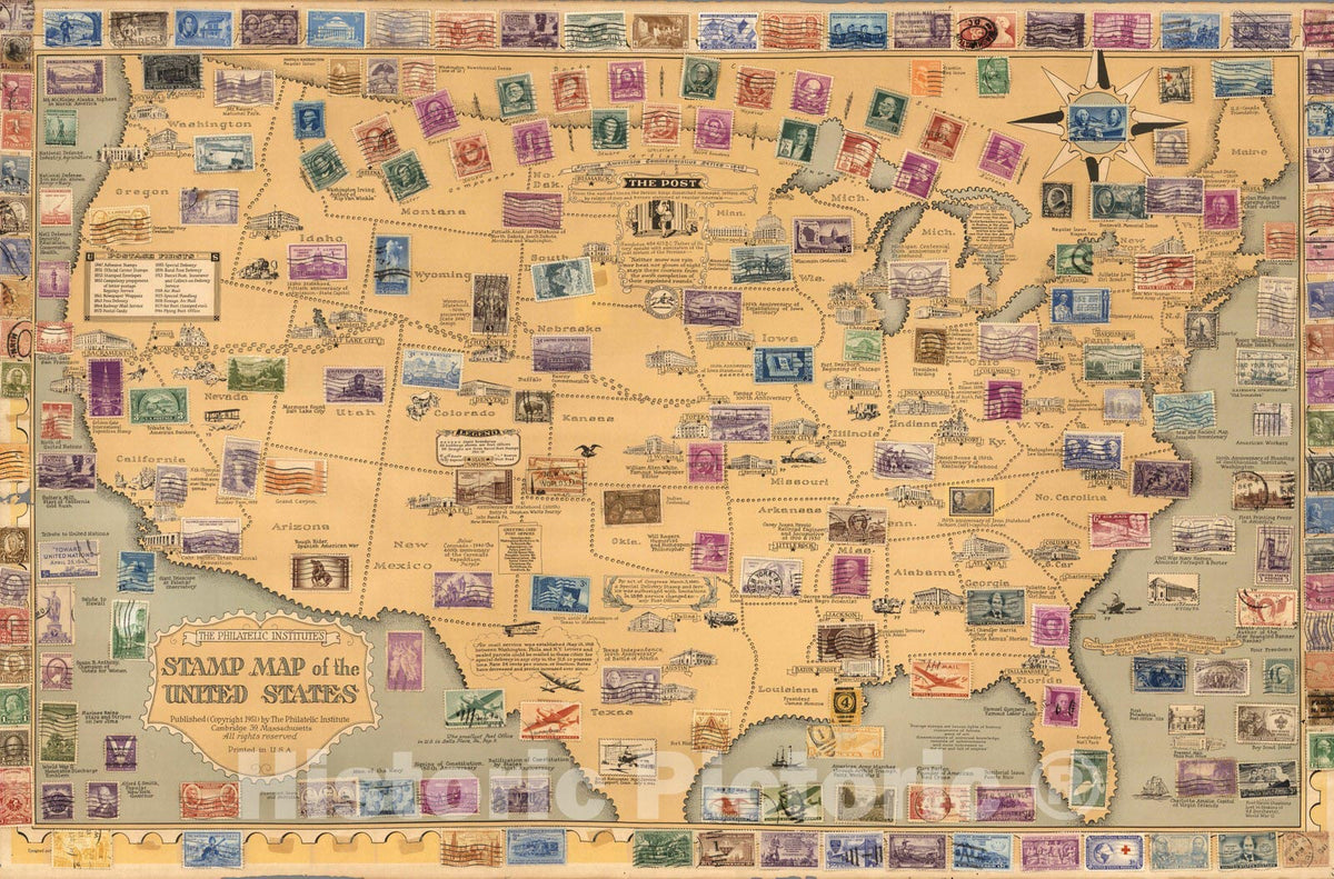 United States Pictorial Map, 1951 - Historical Stamp Map Print