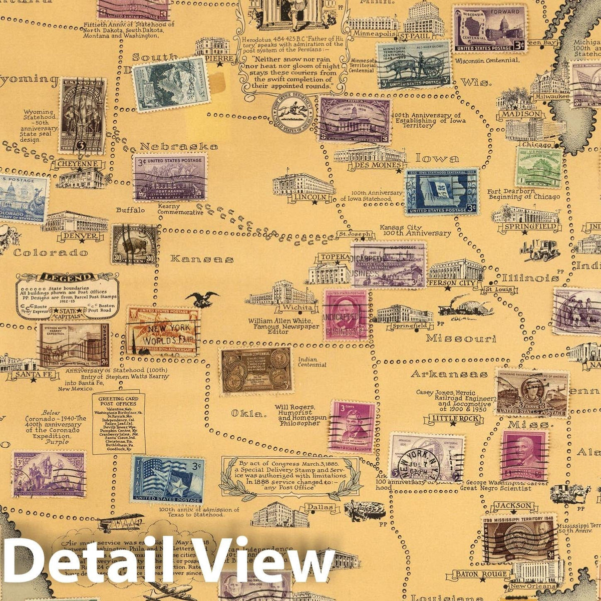 United States Pictorial Map, 1951 - Historical Stamp Map Print