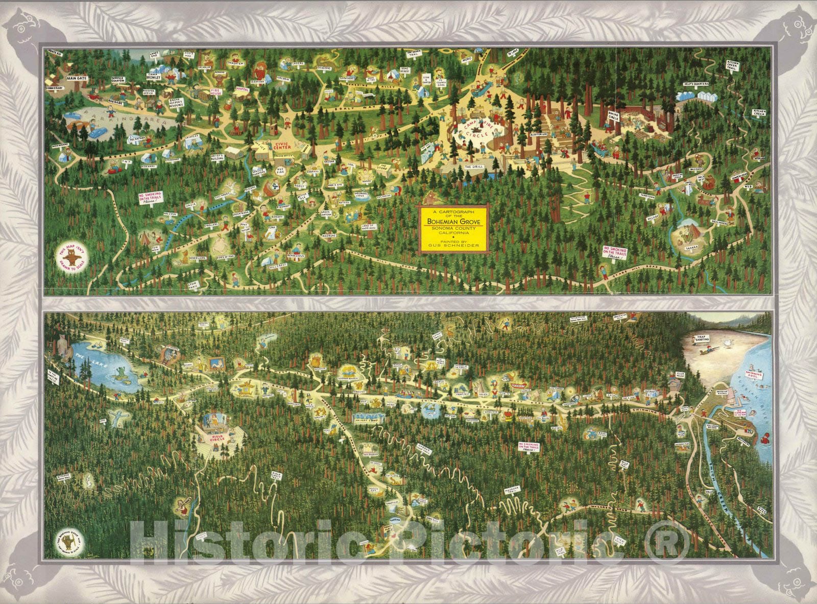 Bohemian Grove, Sonoma County, California - Pictorial Map, 1952