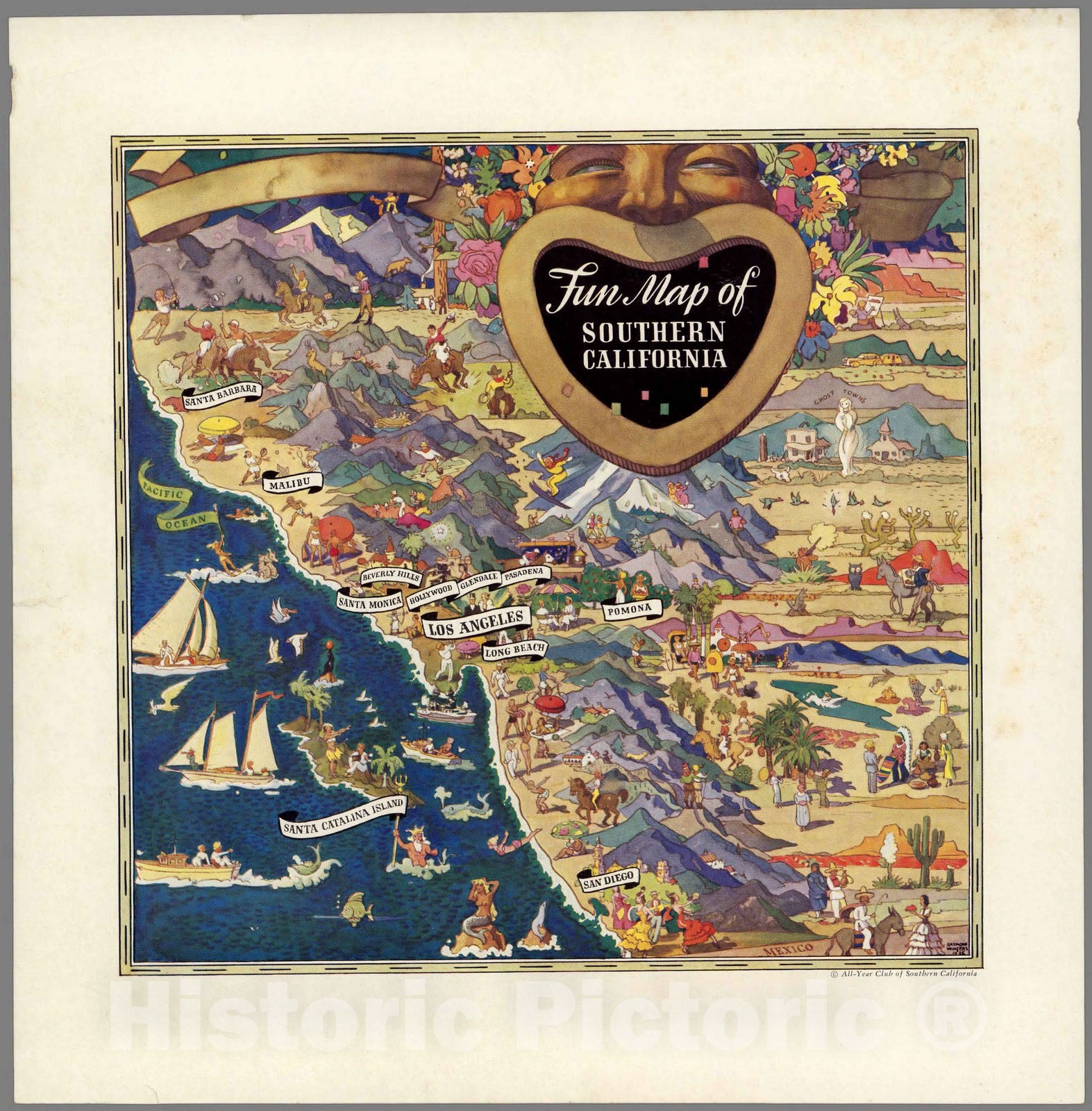 Historic Map : Fun map of Southern California. All-Year Club of Southern California, 1935 - Vintage Wall Art