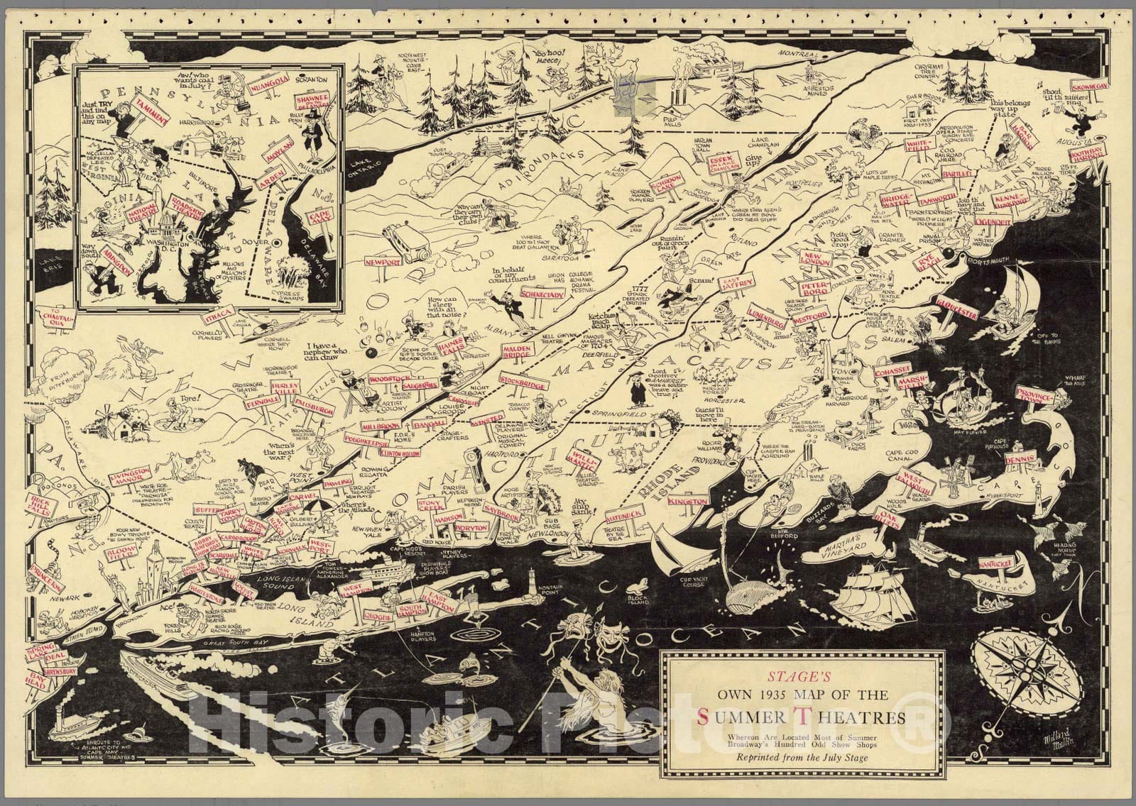 Historic Map : Stage's own 1935 map of the Summer theatres - Vintage Wall Art