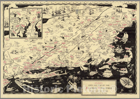 Historic Map : Stage's own 1935 map of the Summer theatres - Vintage Wall Art