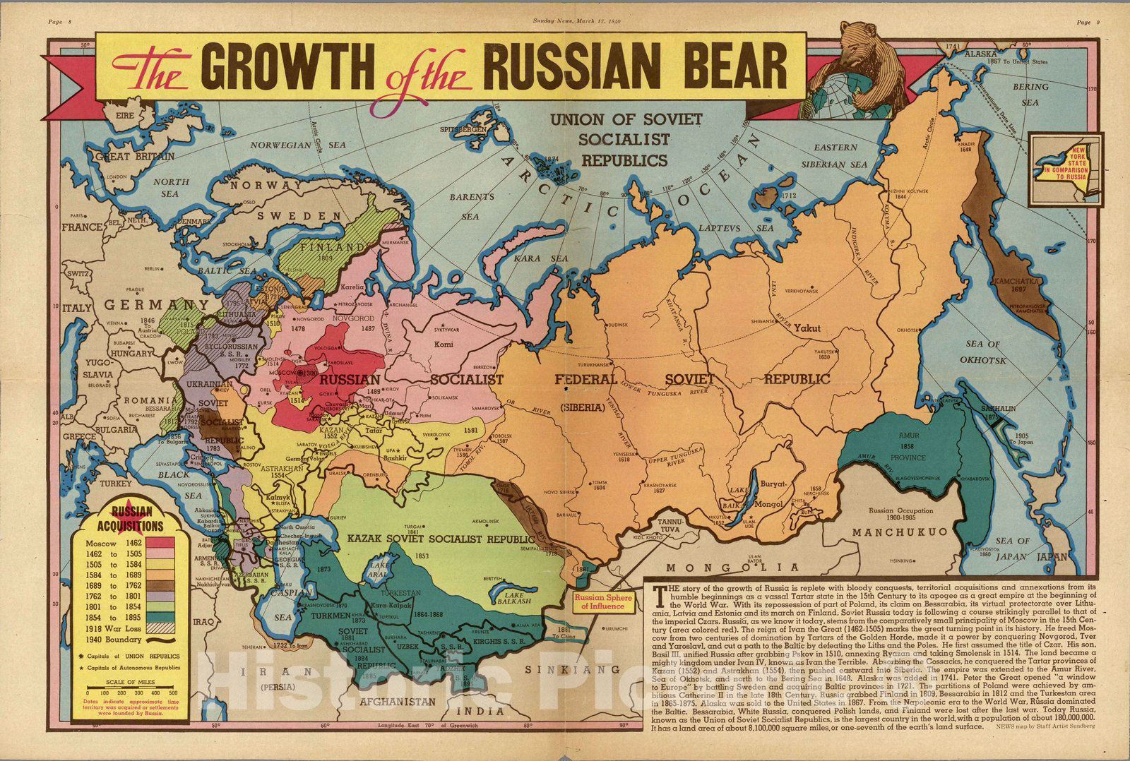 Historic Map : The growth of the Russian Bear 1940 - Vintage Wall Art