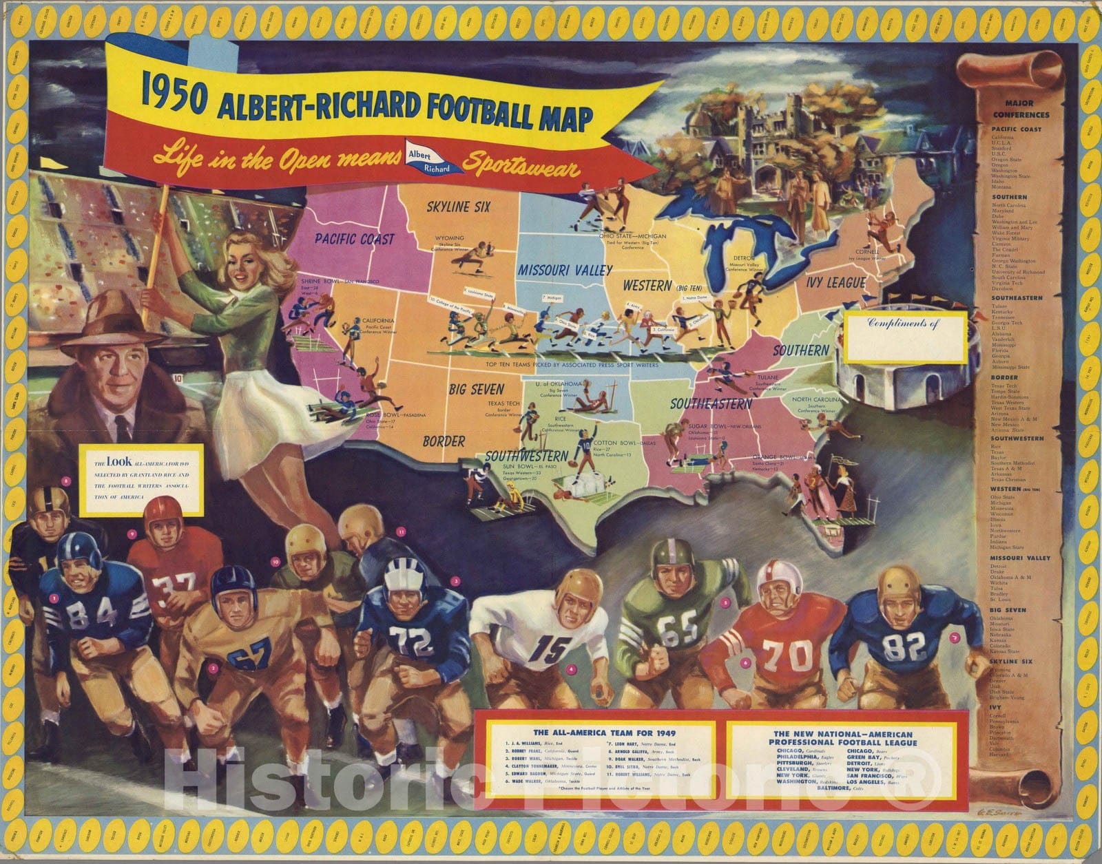 1950 United States Pictorial Football Map - College & Professional Teams