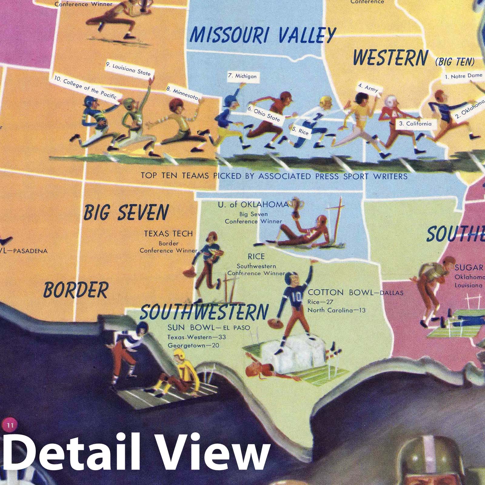 1950 United States Pictorial Football Map - College & Professional Teams