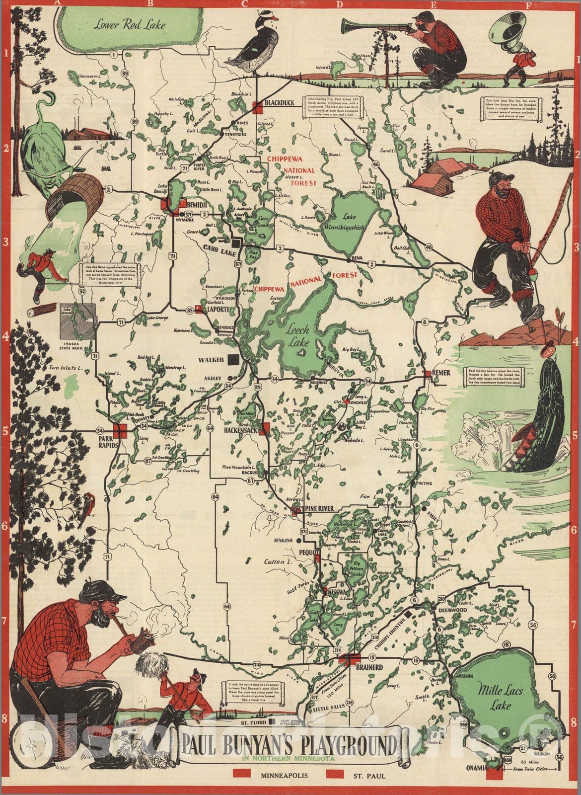Northern Minnesota - Pictorial Map, 1936 - Paul Bunyan Tourism Print