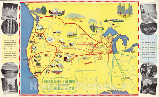 Historic Map : Pocket Map, Chicago & North Western and connections links the West and the East 1939 - Vintage Wall Art