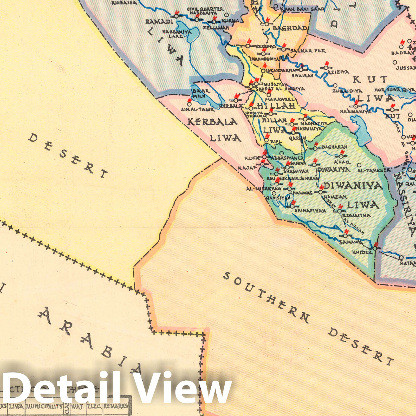 Historic Map - Republic of Iraq. Municipalities and Municipal Water and Electricity Schemes. Directorate General of Municipalities. Baghdad, 1959 - Vintage Wall Art