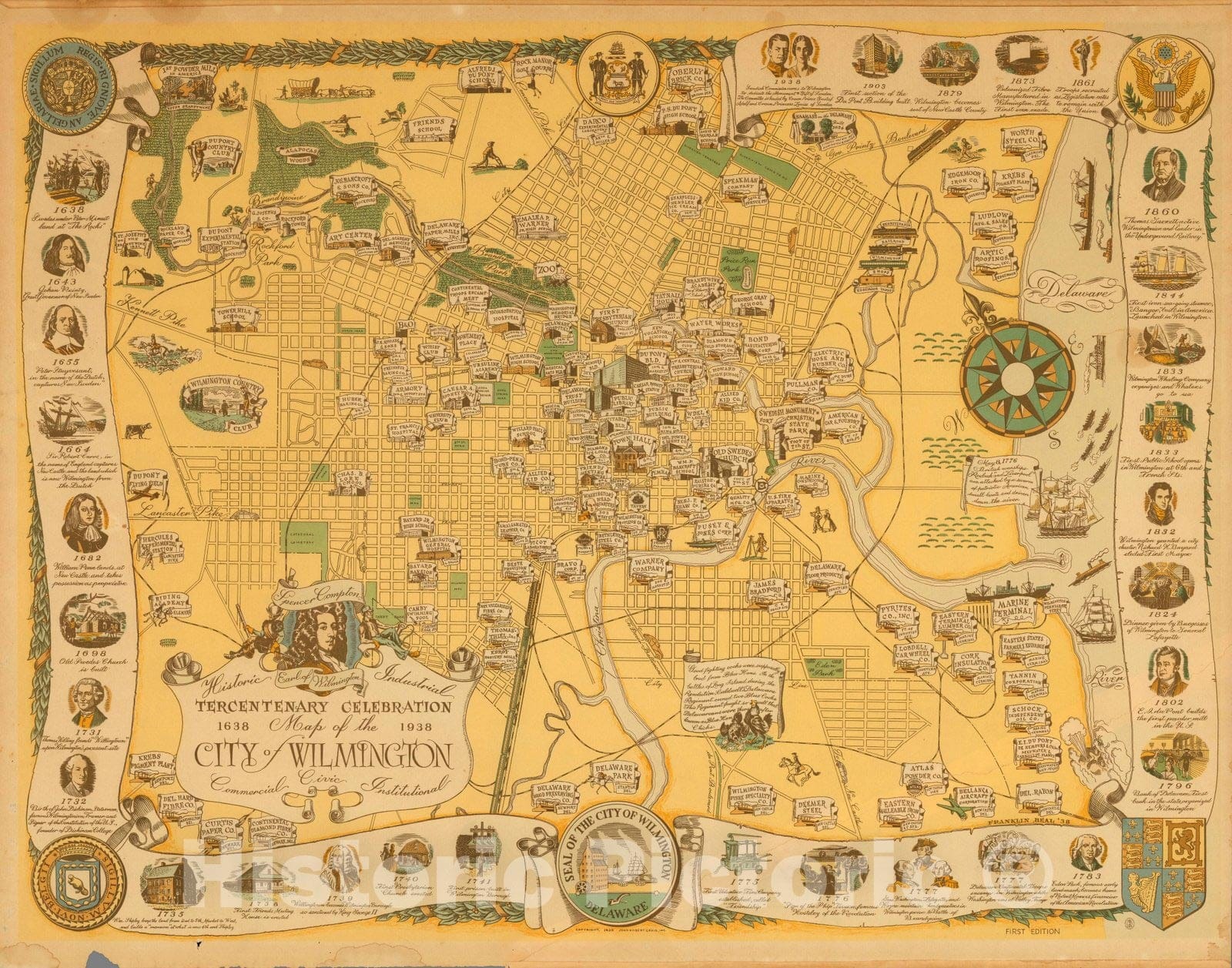 Historic Map - Map of the city of Wilmington : tercentenary celebration 1638-1938, 1938 - Vintage Wall Art