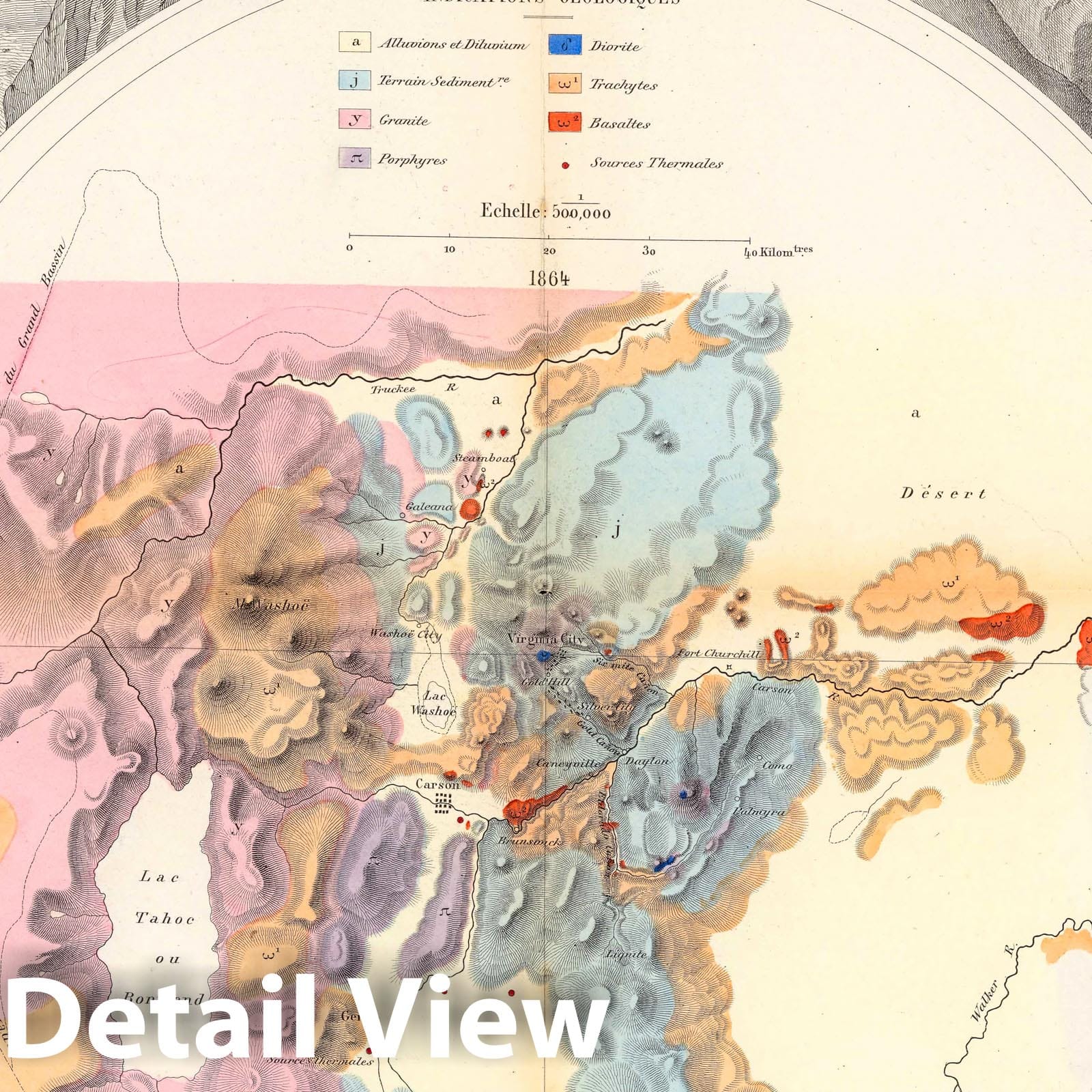 Washoe Mining District, Nevada - Geologic Map, 1864 - Historical Map Print