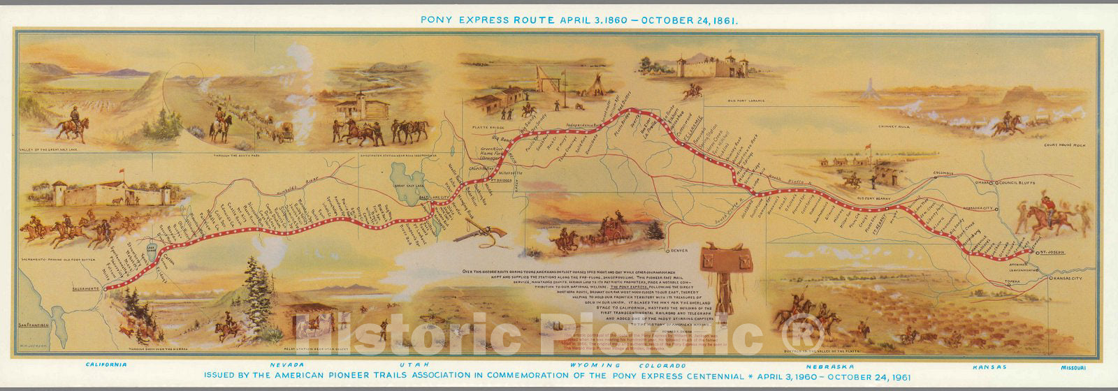 Historic Map : Pony Express route April 3, 1860 - October 24. 1861, 1961, v2, Vintage Wall Decor