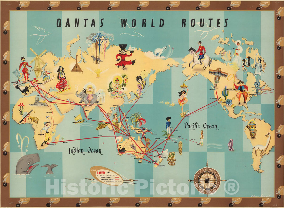 Historic Map : Qantas world routes. Anna Drew 1948 - Vintage Wall Art