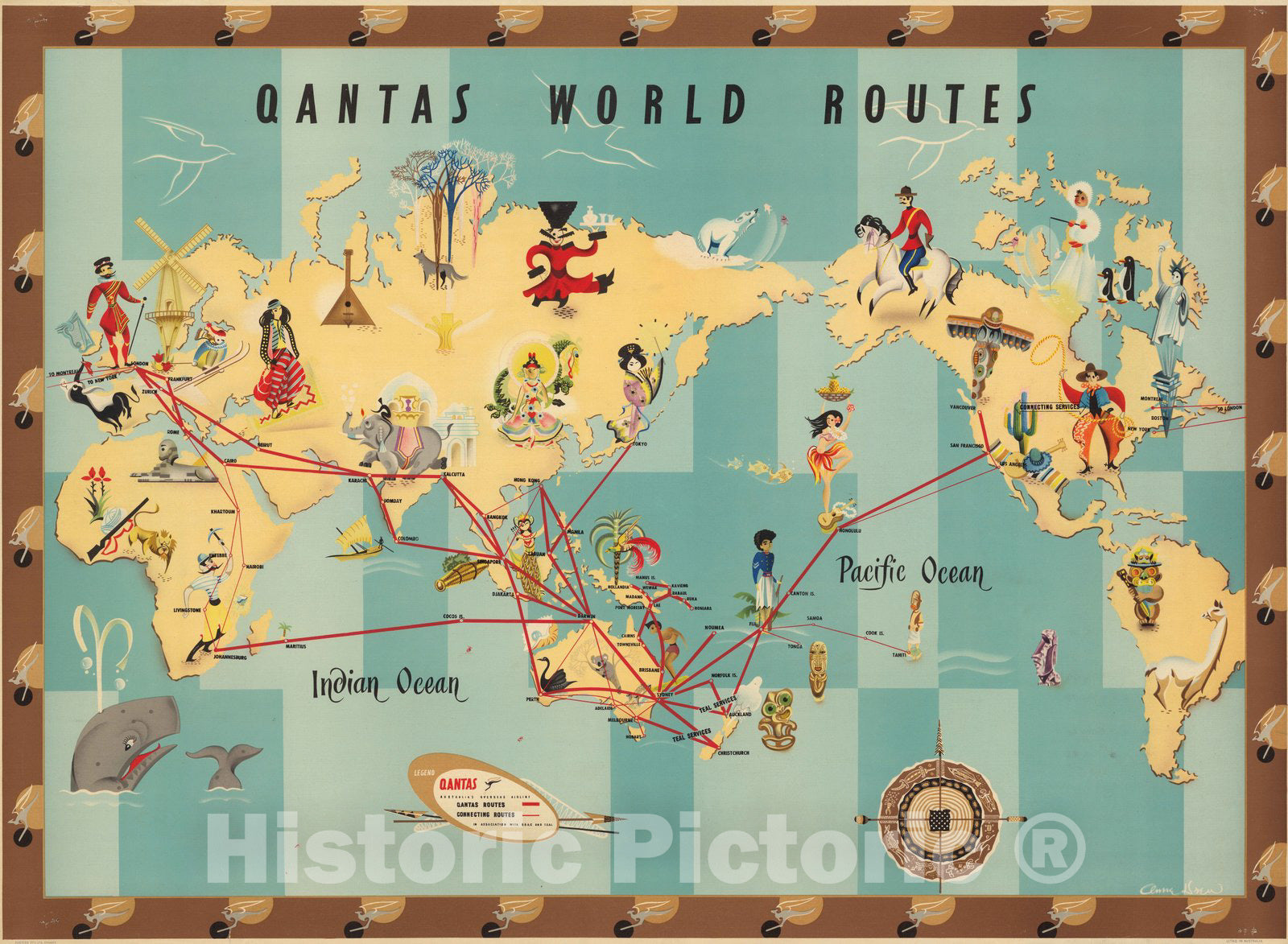 Historic Map : Qantas world routes. Anna Drew 1948 - Vintage Wall Art
