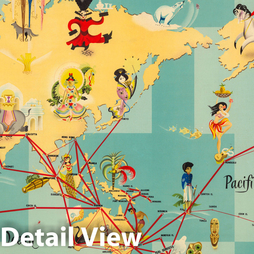Historic Map : Qantas world routes. Anna Drew 1948 - Vintage Wall Art