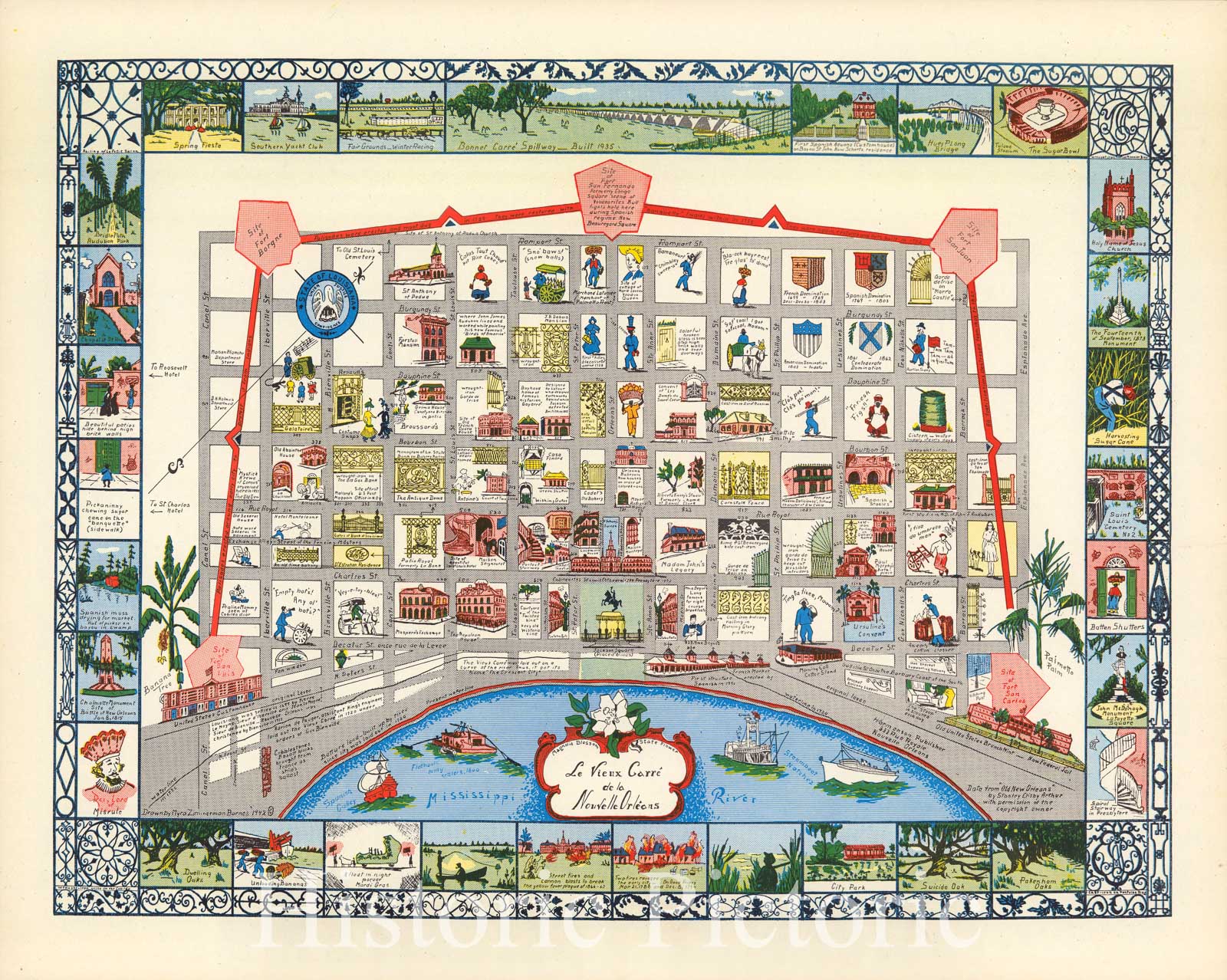 Historic Map : New Orleans (La.), Le Vieux Carre de la Nouvelle Orleans. Drawn by Myra Zimmerman Barnes, 1942. 1942 , Vintage Wall Art