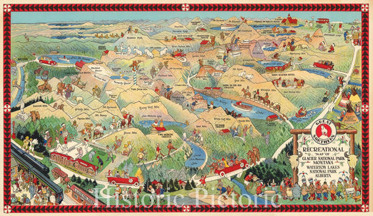 Historic Map : Great Northern Recreational Map of Glacier National Park Montana, Waterton Lakes National Park Alberta, 1925 v2