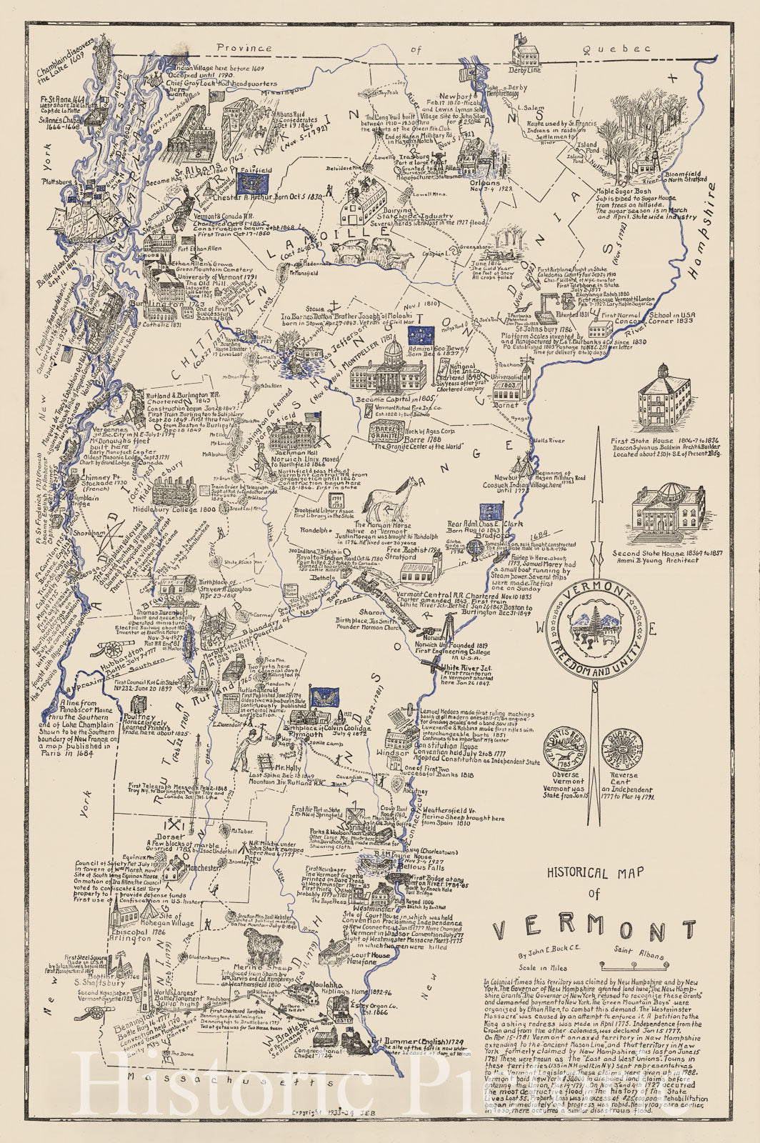 Historic Map : Historical map of Vermont, 1934 - Vintage Wall Art