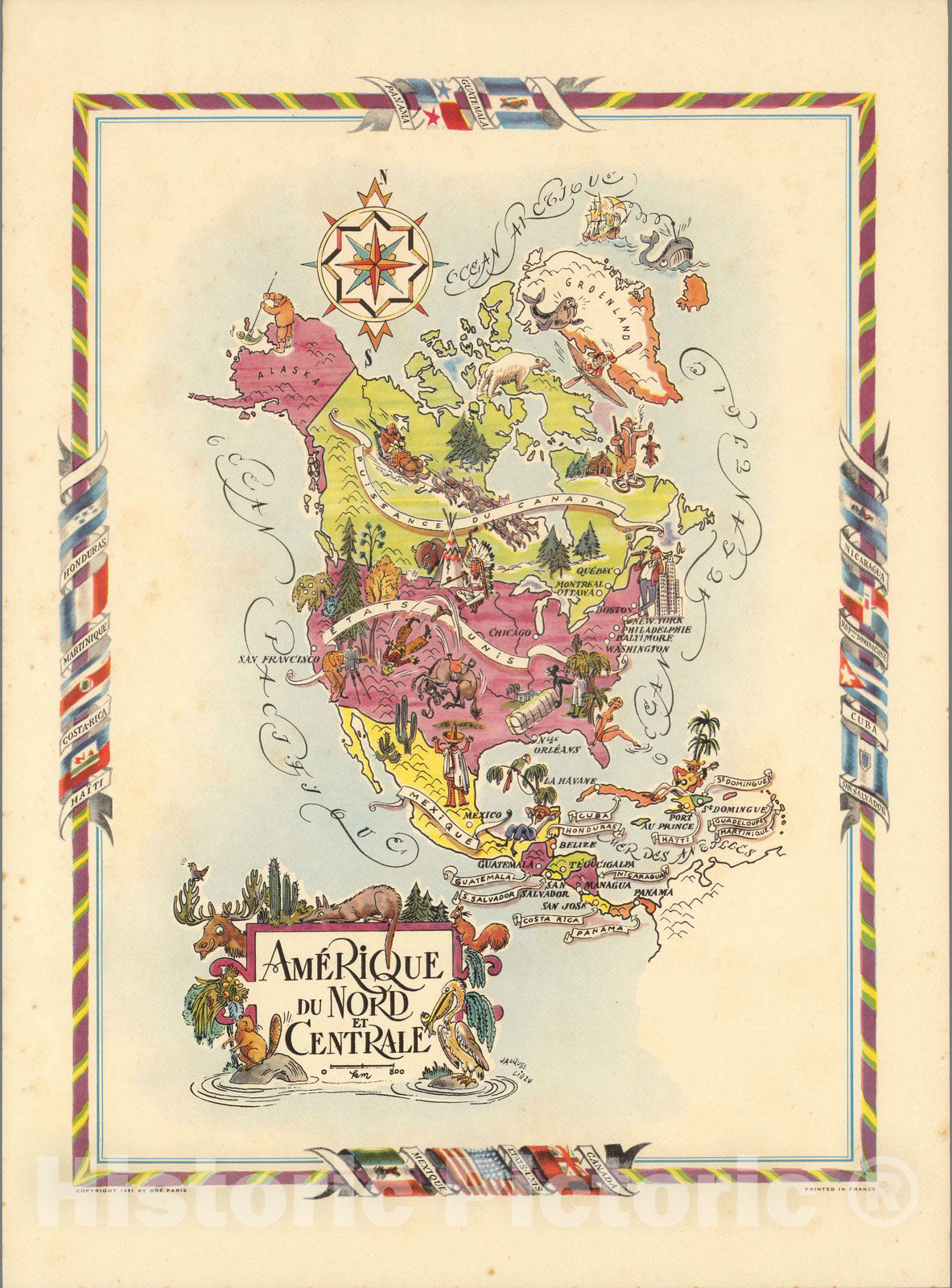 Historic Map : Amerique du Nord et Centrale 1951 - Vintage Wall Art