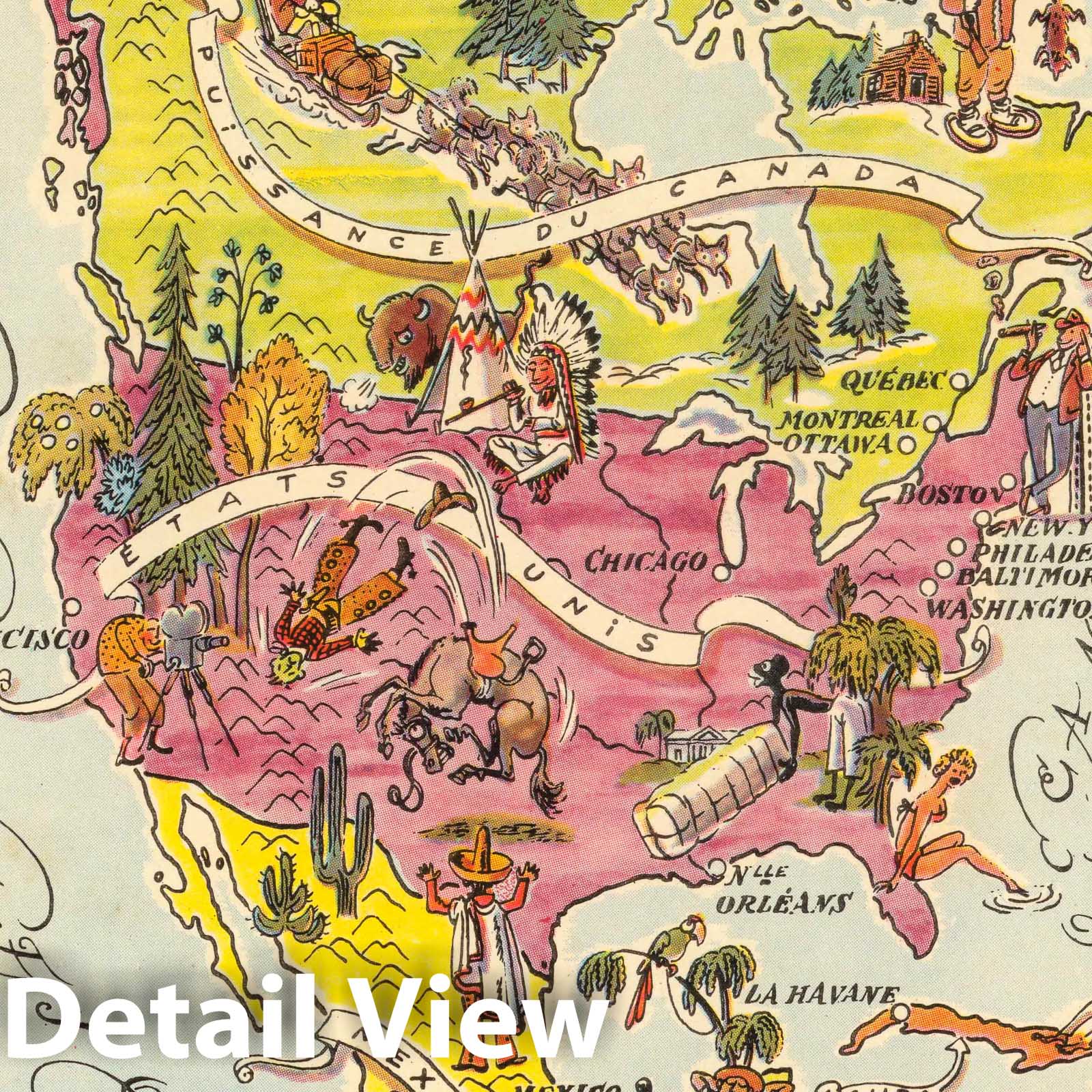 Amerique du Nord et Centrale Pictorial Map 1951 - North and Central America Historical Map Print