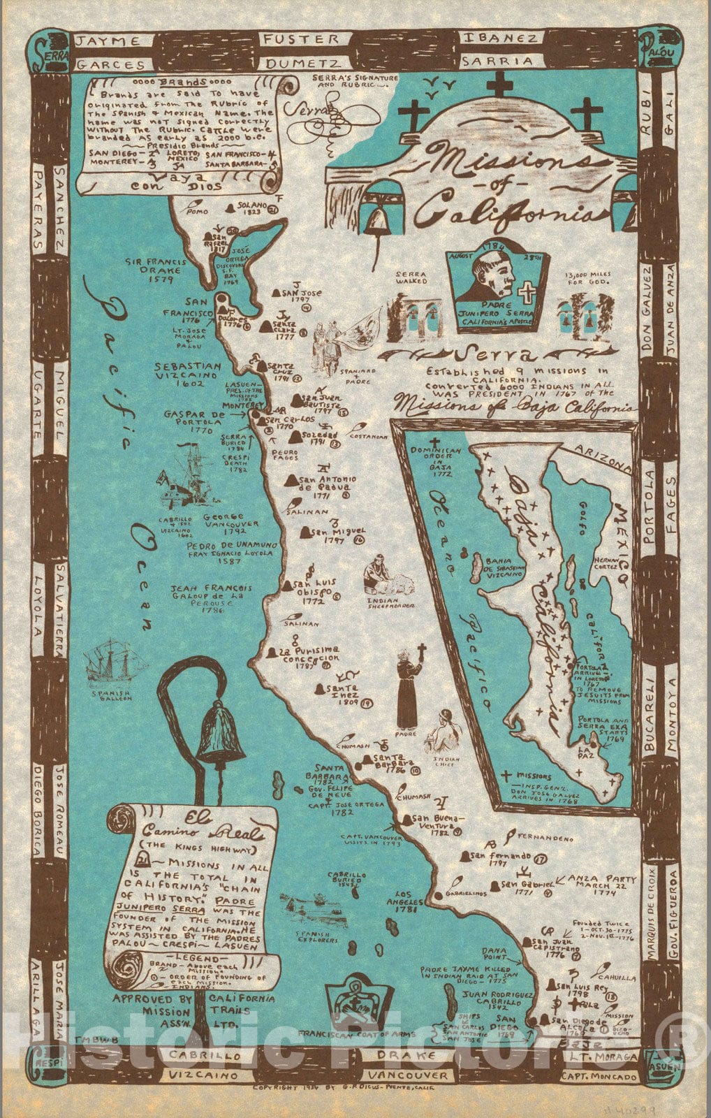 Historic Map : Missions of California 1954 - Vintage Wall Art