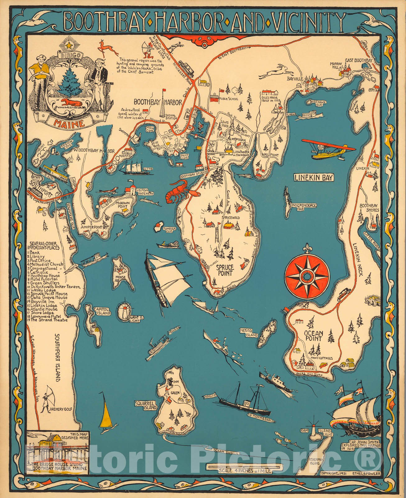 Historic Map - Maine: Boothbay Harbor and vicinity 1931 - Vintage Wall Art