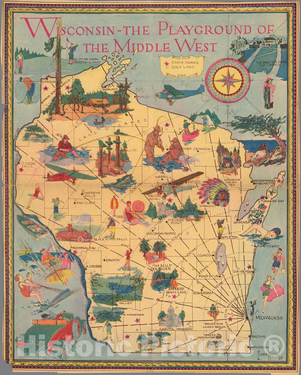 Historic Map - Wisconsin - the playground of the middle west. Elmer Krohn, 1929 - Vintage Wall Art