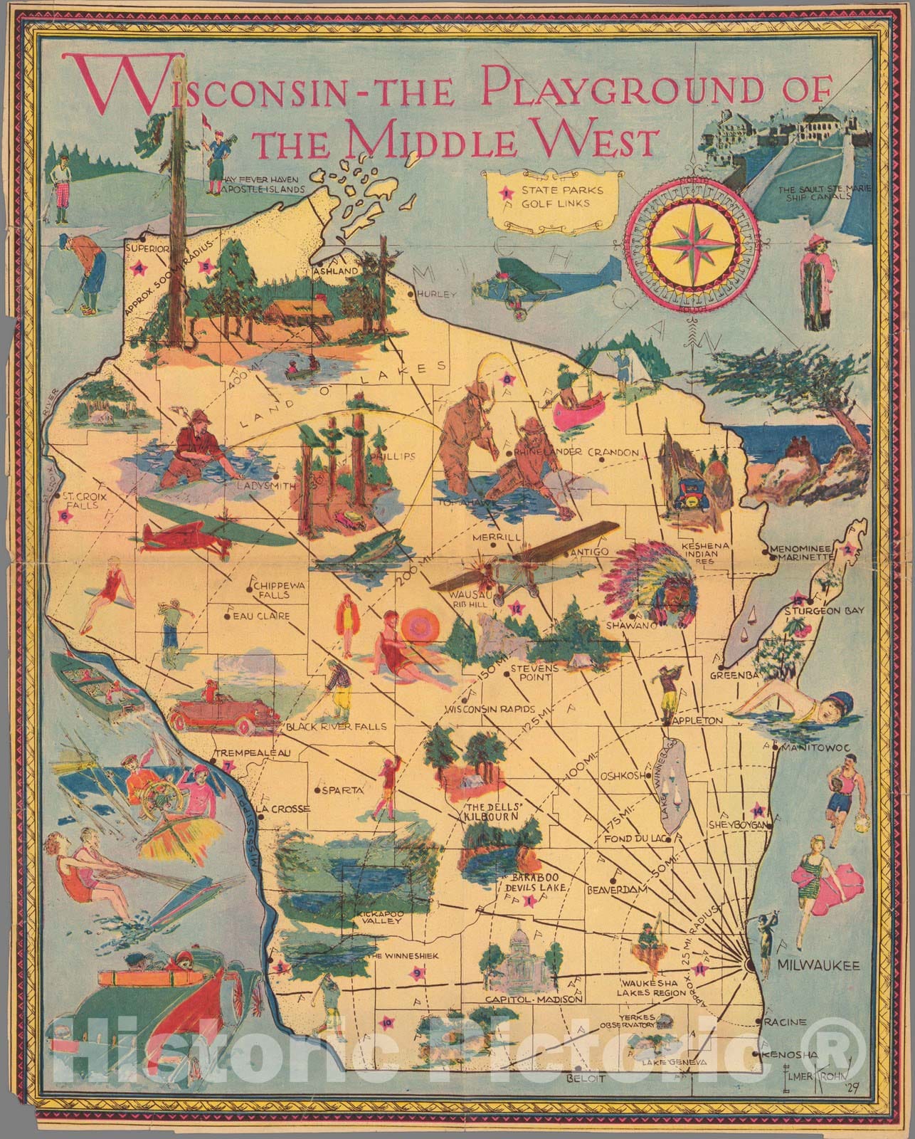 Wisconsin - Pictorial Map, 1929 - Historical Map Reproduction