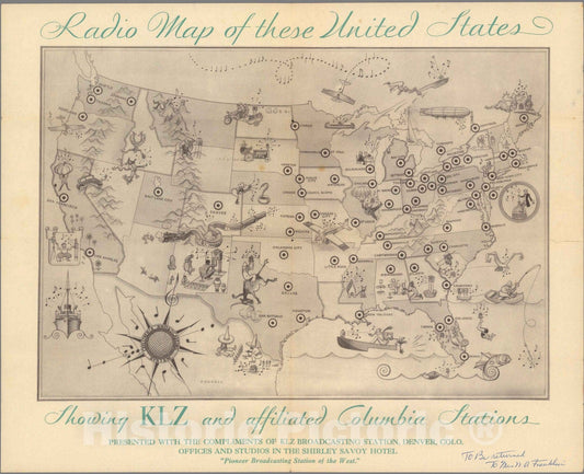 Historic Map : Radio map of these United States. Showing KLZ and affiliated Columbia stations, 1922 - Vintage Wall Art