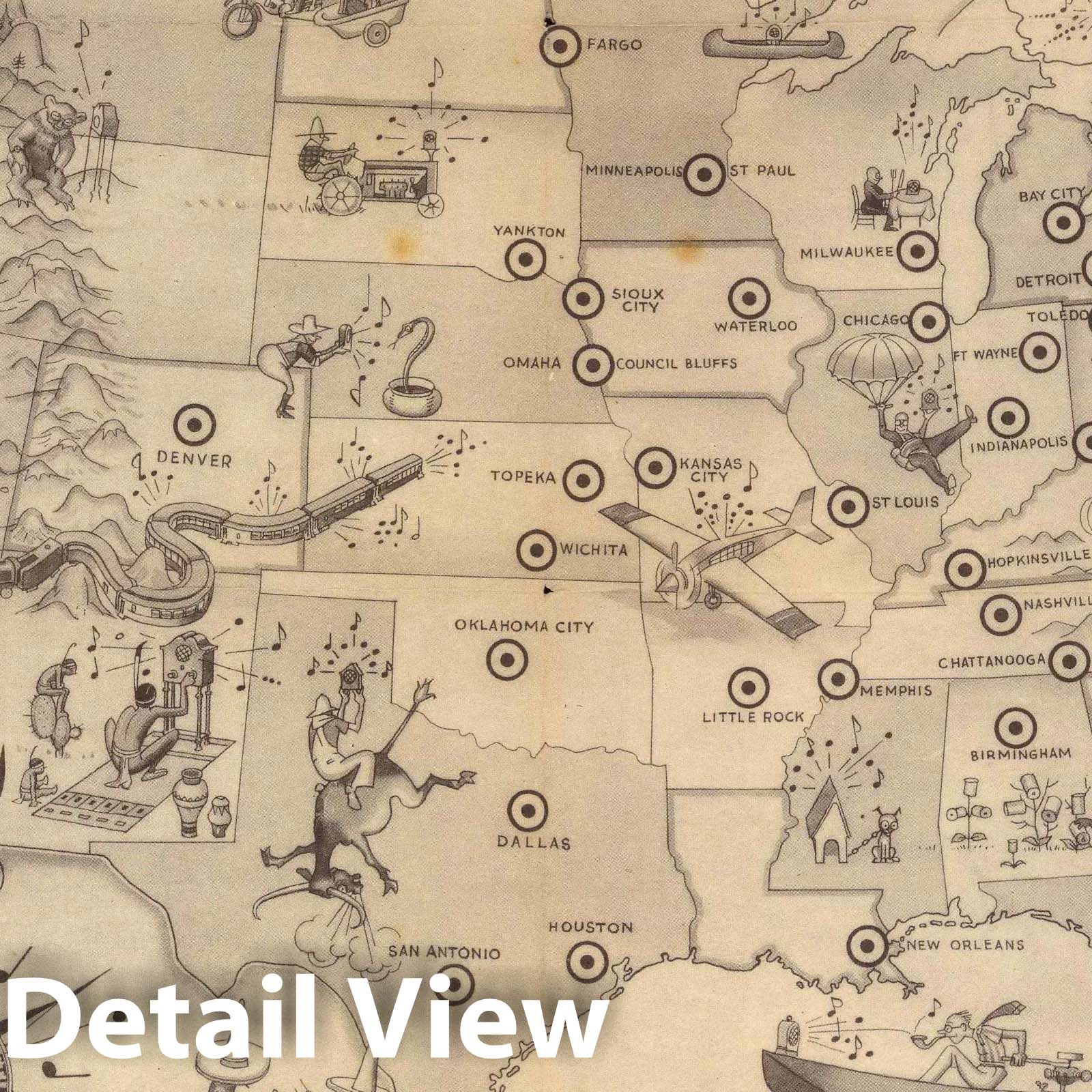 United States - Pictorial Map, 1922 - KLZ Broadcasting Station Historical Map Print