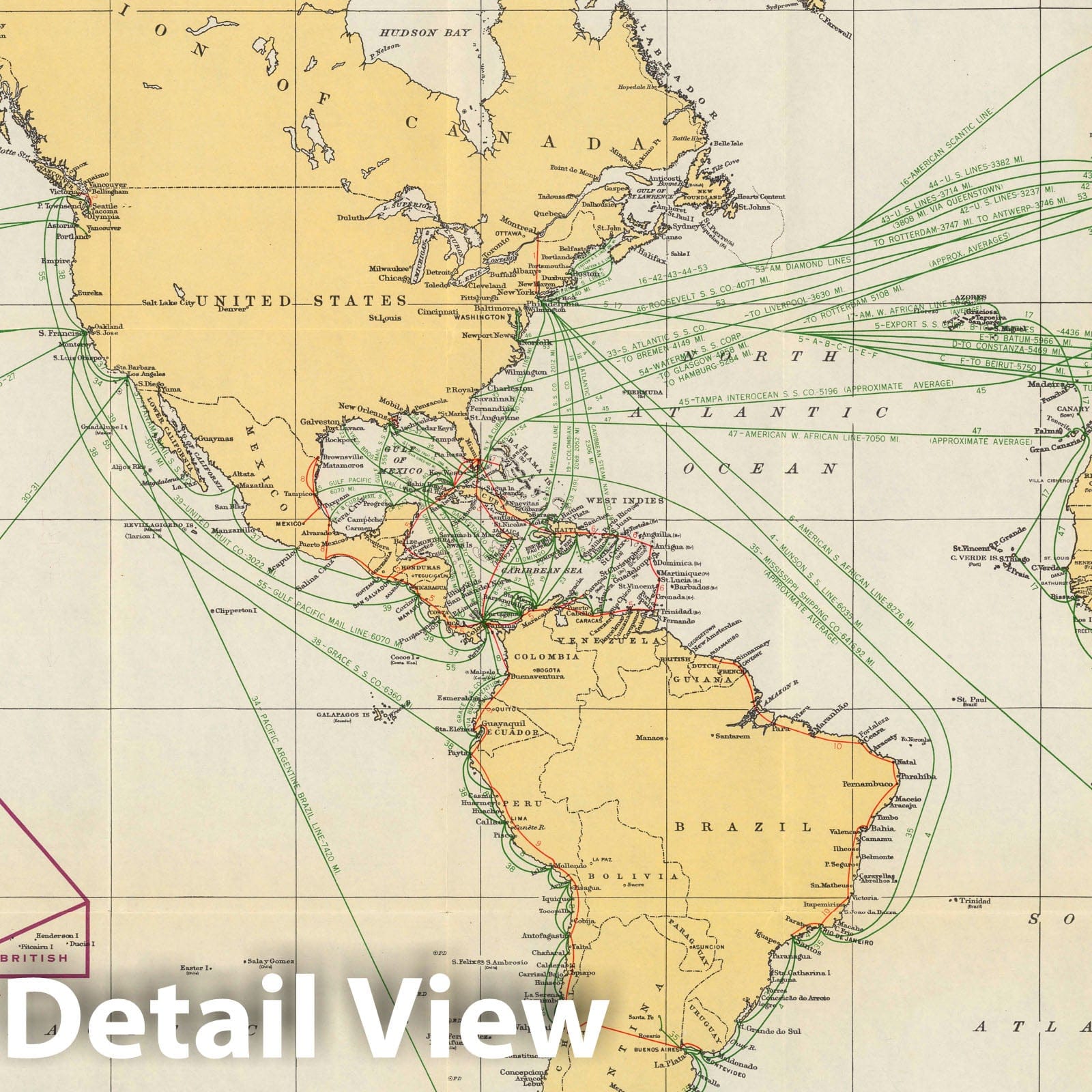 Atlantic and Pacific Oceans - Merchant Marine Routes, 1936 - Historical Map Print