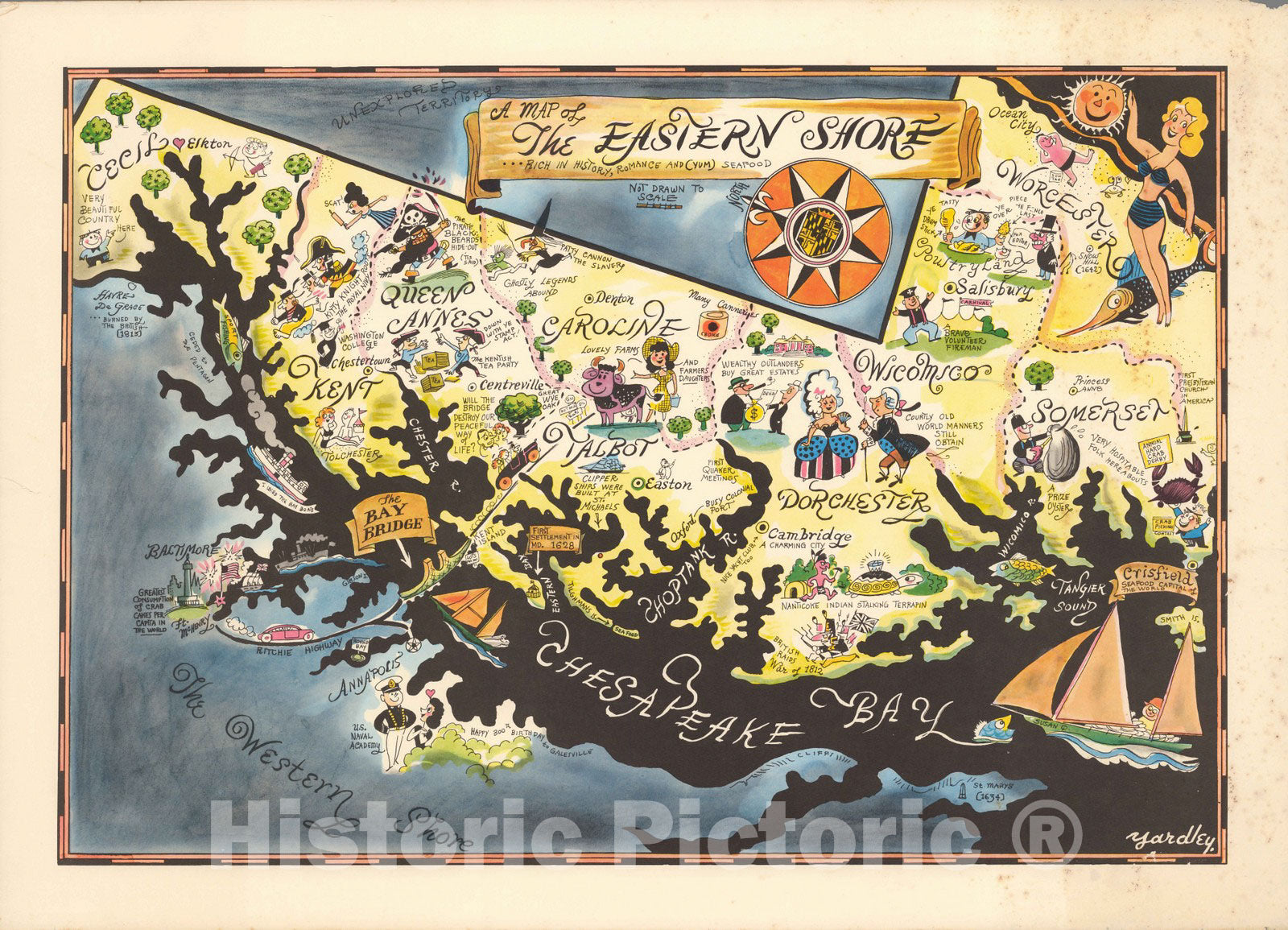Eastern Shore, Maryland - Pictorial Map, 1952 - Historical Map Print