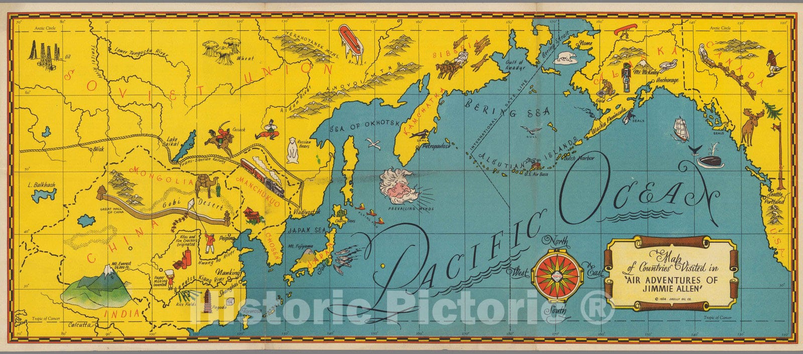 Historic Map - Map of countries visited by Air adventures of Jimmy Allen, 1934 - Vintage Wall Art