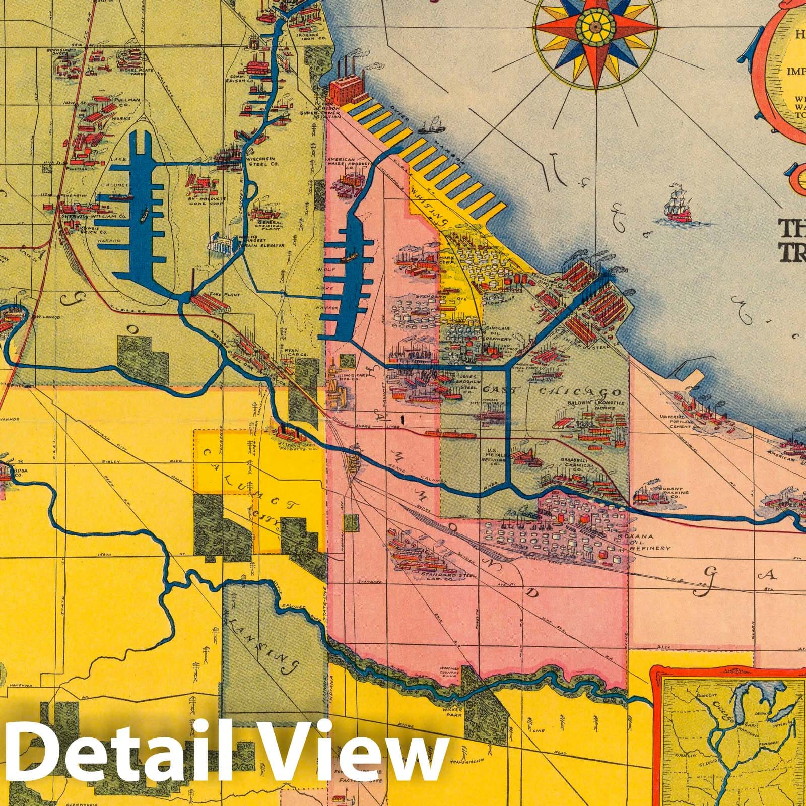 Chicago Harbor and Industrial Region - Pictorial Map, 1928