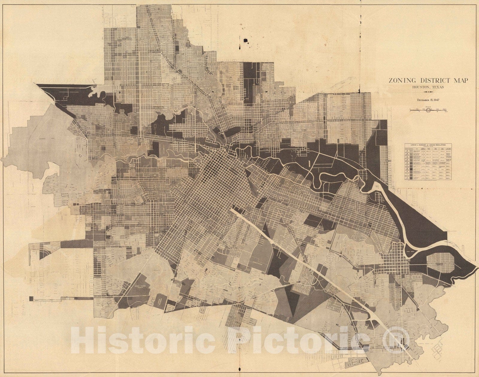 Houston, Texas - Zoning Map, 1947 - Historical Map Print
