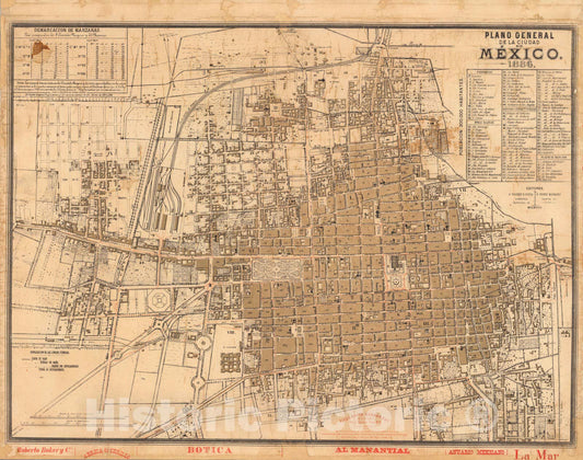 Historic Map : Mexico , City (Mexico), Plano general de la ciudad de Mexico. 1886 , Vintage Wall Art