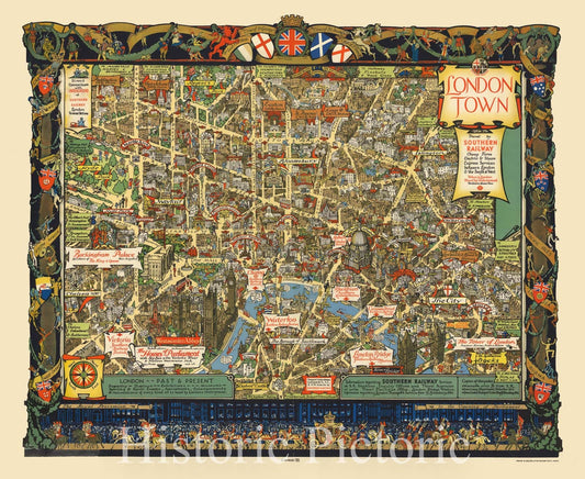 London, England - Pictorial Map, 1938 - Historical Map Print