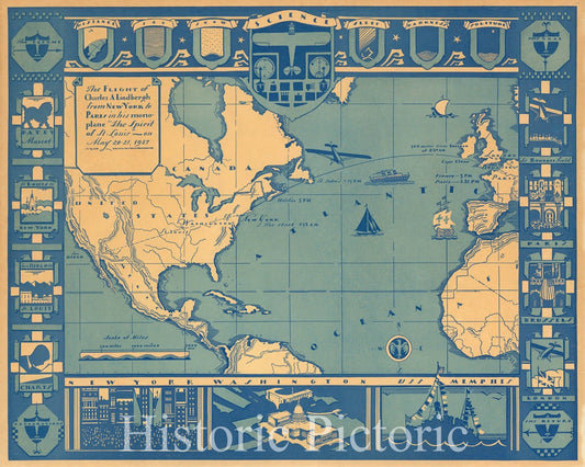 Historic Map : The Flight of Charles A. Lindbergh from New York to Paris, on May 20-21, 1927 - Vintage Wall Art