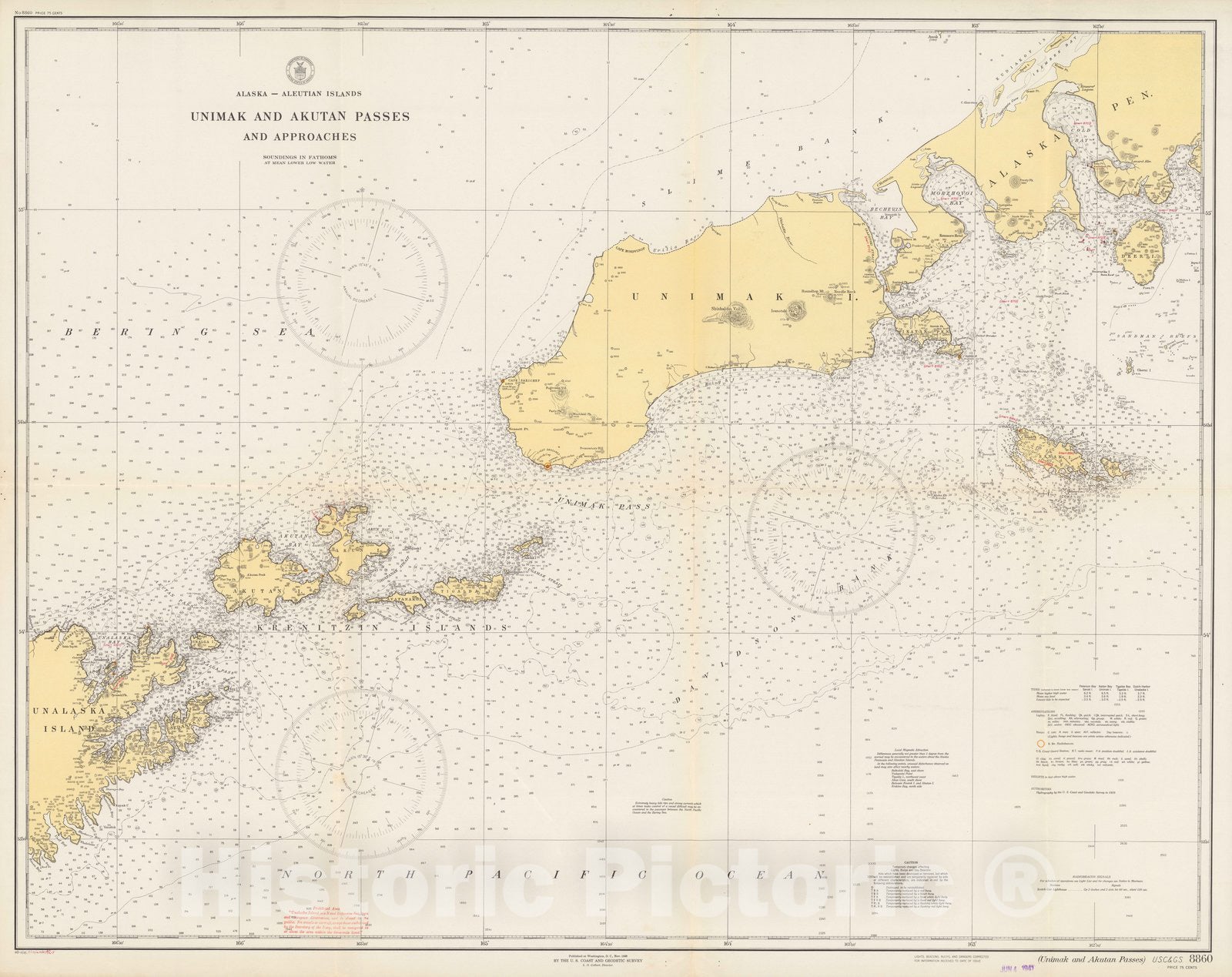 Historic Map : Alaska - Aleutian Islands : Unimak and Akutan Passes and approaches. U.S.C & G.S. 8860 1940 - Vintage Wall Art