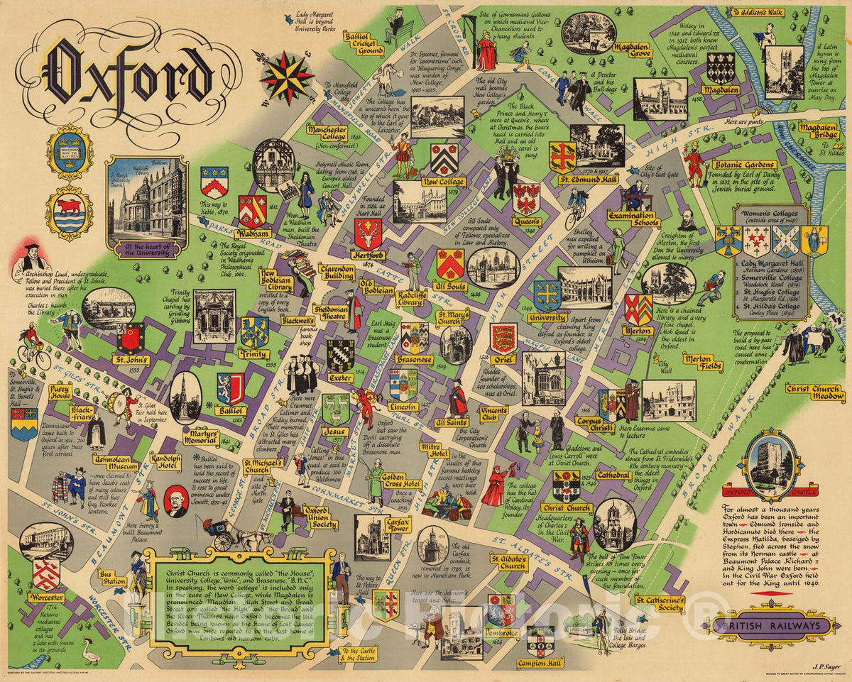 Oxford - Pictorial Map, 1949 - British Railways Historical Print