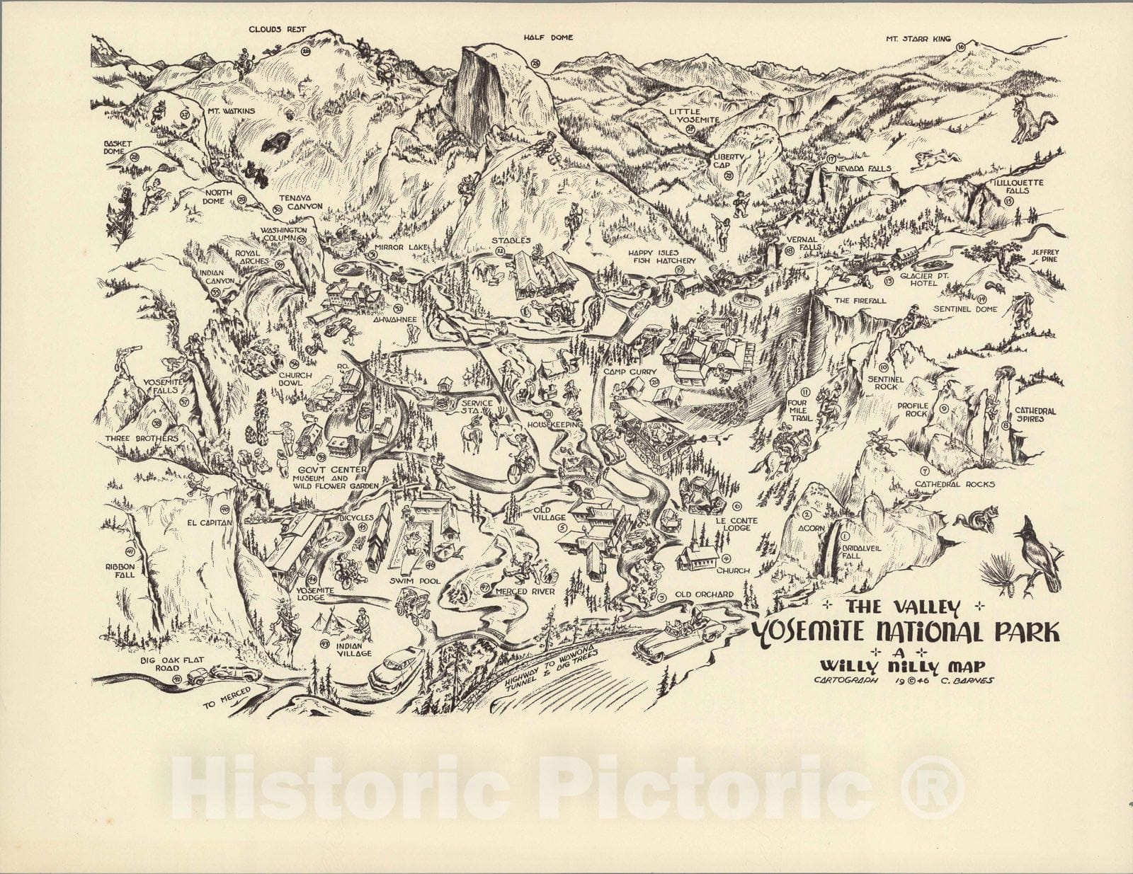 Yosemite Valley, California - Pictorial Map, 1946