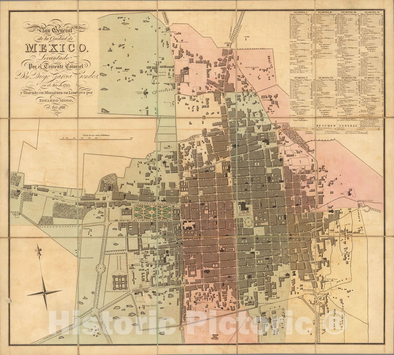 Historic Map : Mexico , City (Mexico), Case Map, Plan general de la Ciudad de Mexico 1811 , Vintage Wall Art