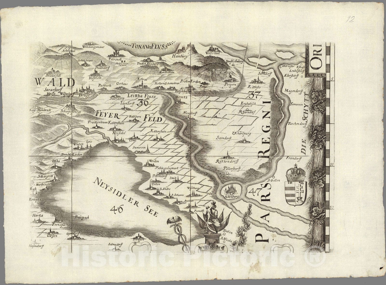 Historic Map : Austria, Topographic map of lower Austria by Georg Matthaus Vischer, 12. Archiducatus Austriae inferioris 1697 , Vintage Wall Art
